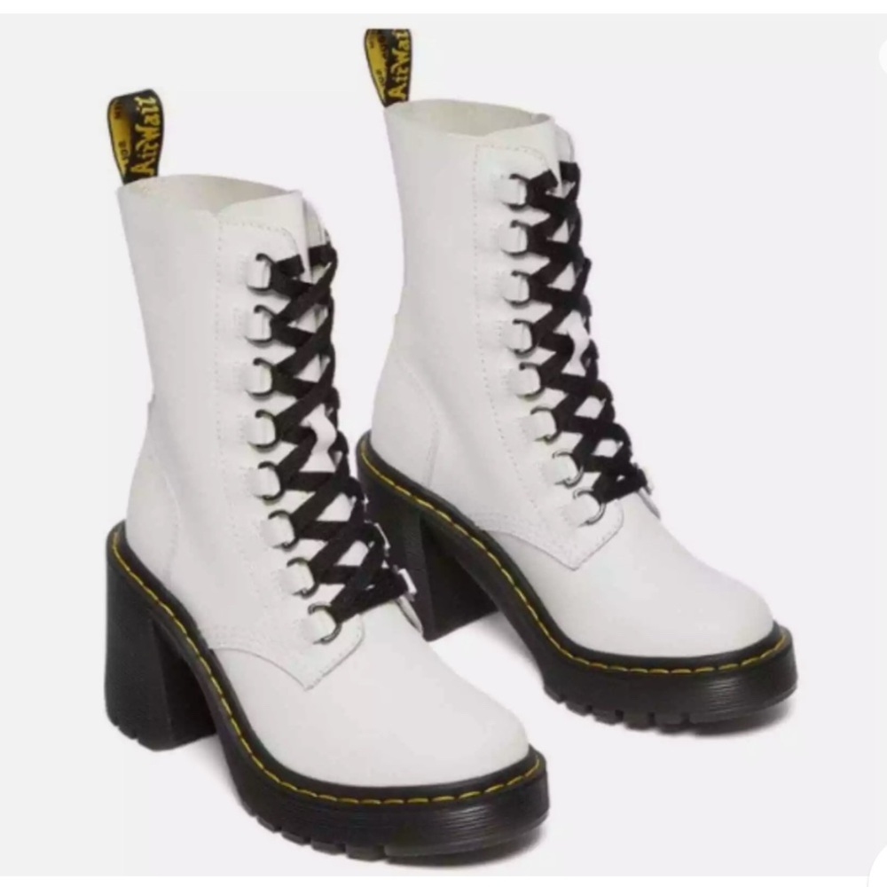 Dr. Martens White Flared Heel Boots. Size 5 fits like a 6